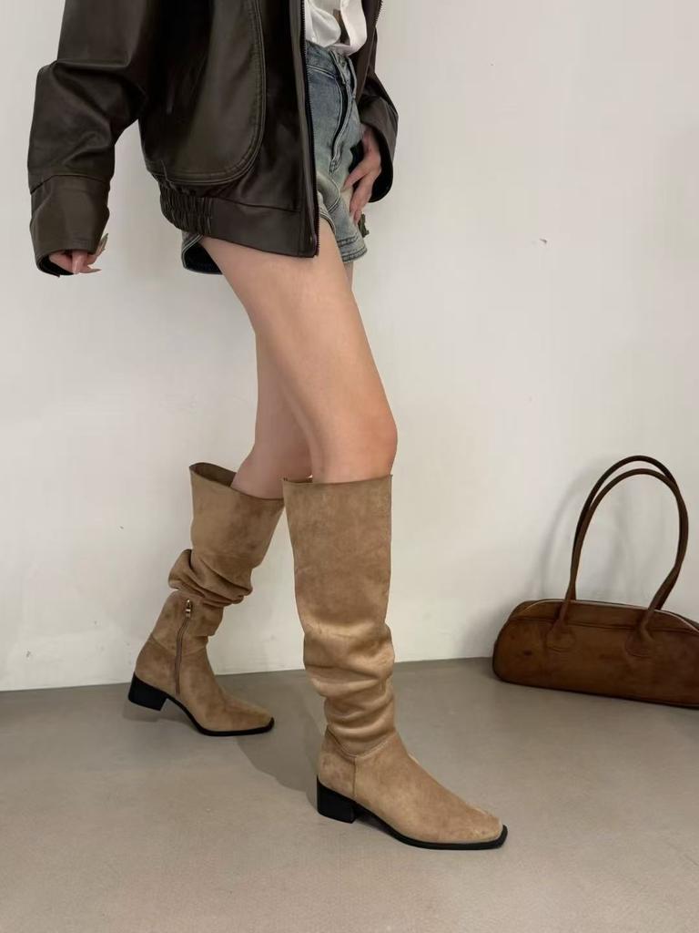 Korean Version Suede Square Head Thick Heel Knee Boots Outer Wear Wind Hot Girls Pile Boots Boots Boots