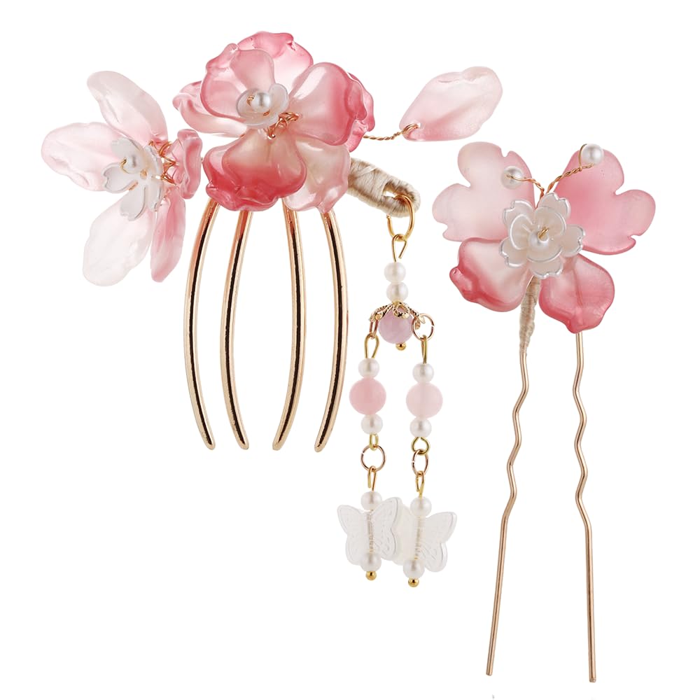 

Hair Ornament Set with Flower and Butterfly Stylish Kanzashi Hairpin for Entrance Hanfu 2-Piece Design, U-Pin, Kimono, Yukata, Graduation, Ceremony,