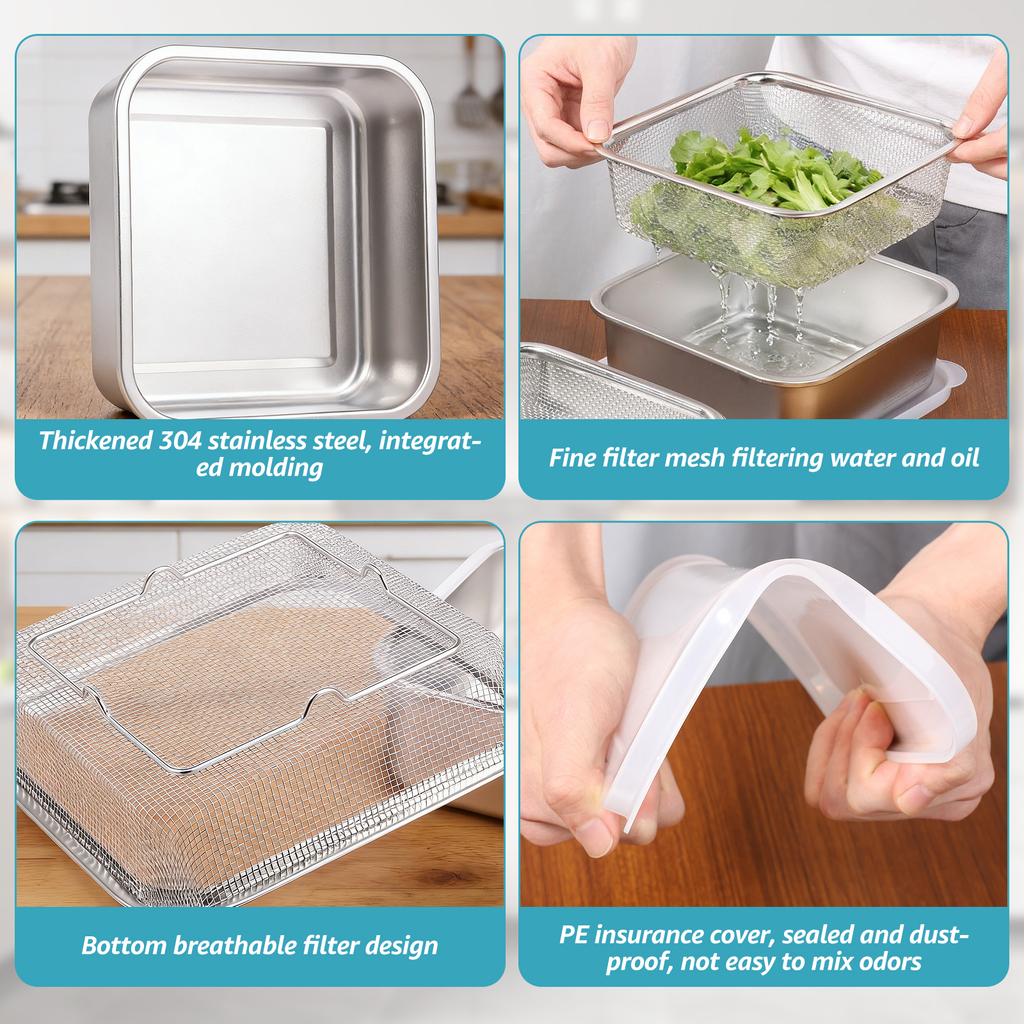 2 in 1 Bento Lunch Box Stainless Steel Food Storage Container Fruit Washing Up Bowl Strainer  Draining Airtight Crisper Box