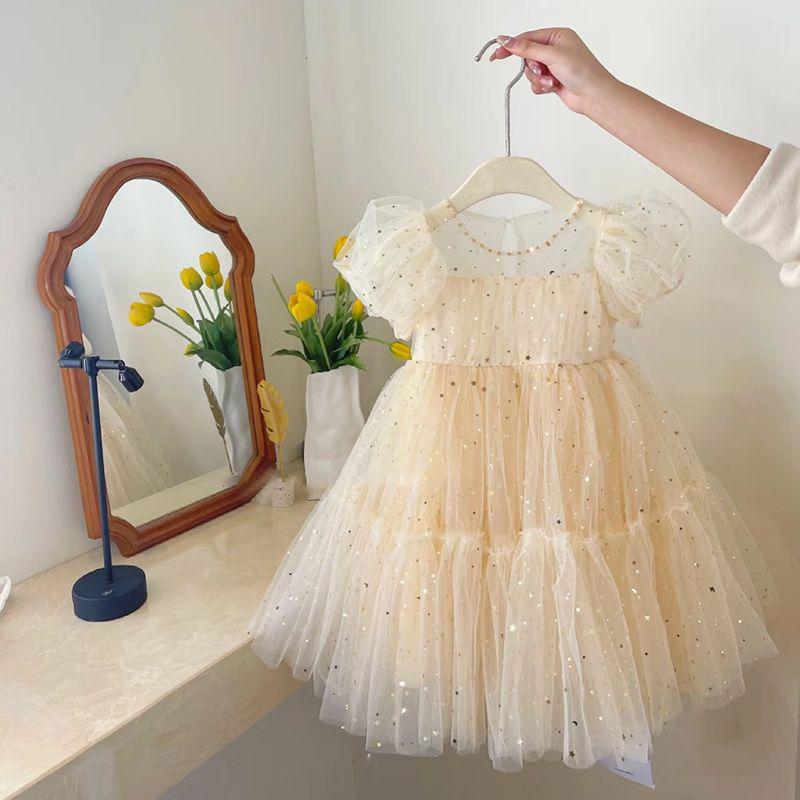 2023 Korean Princess Puff Sleeve Glitter Mesh Dress for Girls