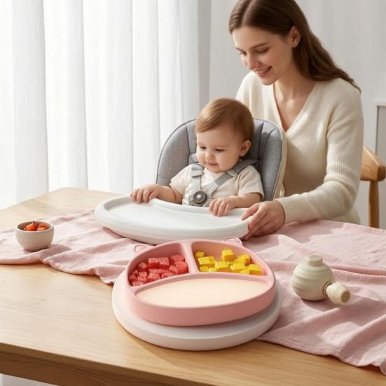 Travel Feeding Plate for Toddlers Silicone Suction Toddlers, Cute Bear Shape Unbreakable Divided Easy Clean Dish Baby Bowl, Non Slip Tray Infants And