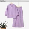 VONDA Womens Casual Striped Two Piece Outfits Long Sleeve Buttons Shirt and Drawstring Wide Leg Pants Loungewear Sets