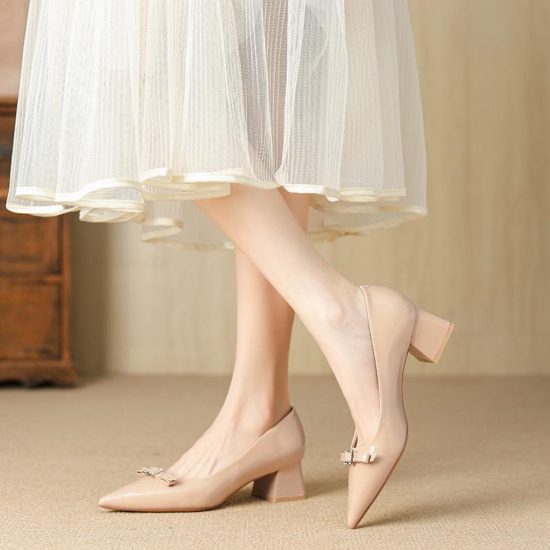 G420-7 French Pointed Head 2025 Autumn New Thick Heel Rhinestone Paint Surface Fashion Korean Version Temperament Commuter Shoes Women