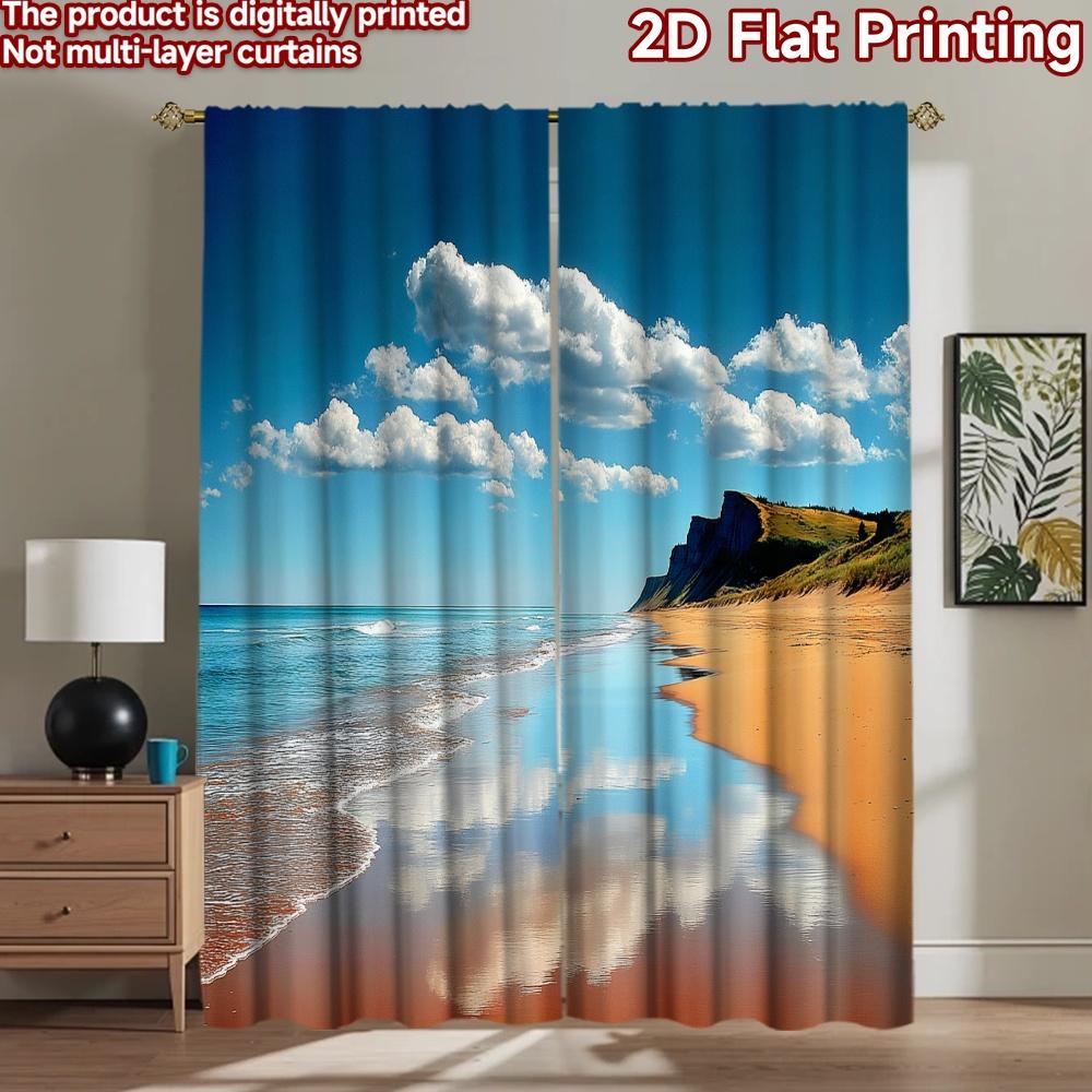 2D flat printing 2pcs Party Window Curtains Beach Cliffs Ocean Waves Cloudy Sky Digital Printed Polyester Drapes Festive Wall