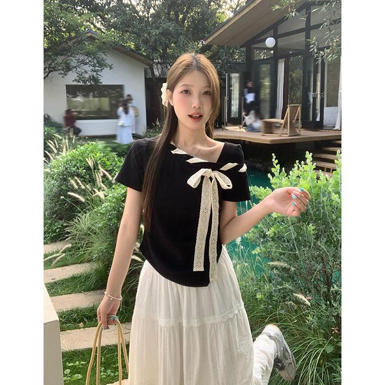 La Chapelle Bow Short-sleeved T-shirt Women's Summer Design Sense Temperament Unique Square Neck Thin Bottoming Shirt