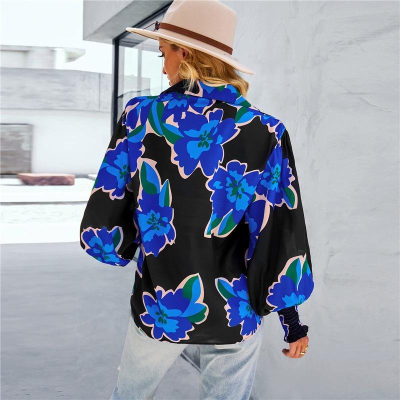 Spring Autumn Women's Polo Collar Blouse Shirt Contrast Color Print Long Sleeve Casual Loose Tops