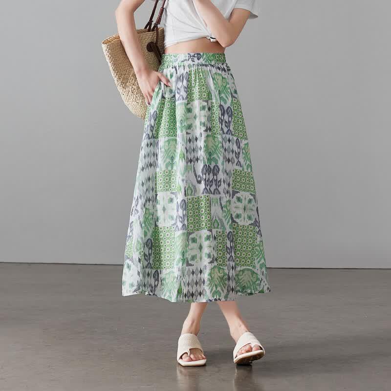 SOFSIL 2026 Summer Ramie Printed A-Line Mid-Length Skirt