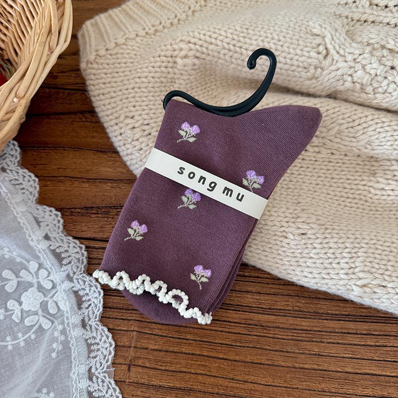 Songmu Plum Fruit Purple Series "Boneless Socks, Middle Socks, Korean Girls, Bow Piles Of Socks