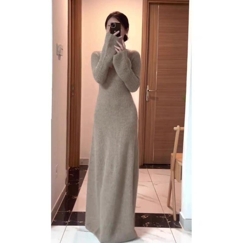 Retro Lazy Wind Long Sleeve Knitted Dress Women's Autumn and Winter Temperament Inner Long Dress Waist Sweater Bottom Dress