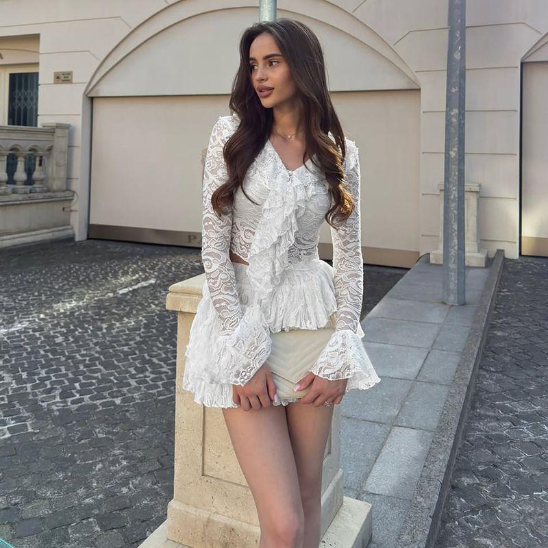 European and American Women's Clothing 2025 Fall New Arrival Silm Sexy Flare Sleeve Ruffles Long Sleeves Lace Cut Out Skirt Outfit