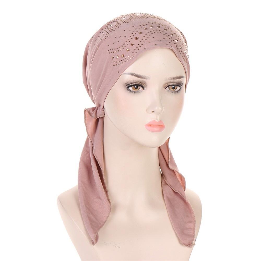 Solid Color Muslim Headscarf Hat Thin Summer Rhinestone Hijab Caps Ramadan