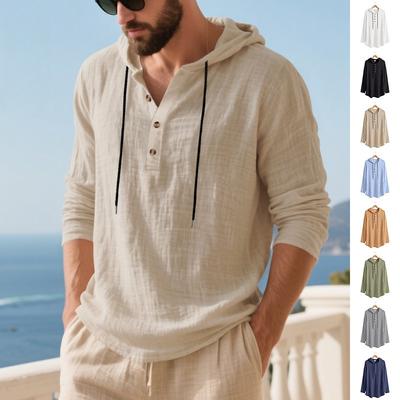 Herbst Lockere Passform Leinen Herren Atmungsaktiv Mit Kapuze Langärmelig Strand Henley Basisschicht T-Shirt