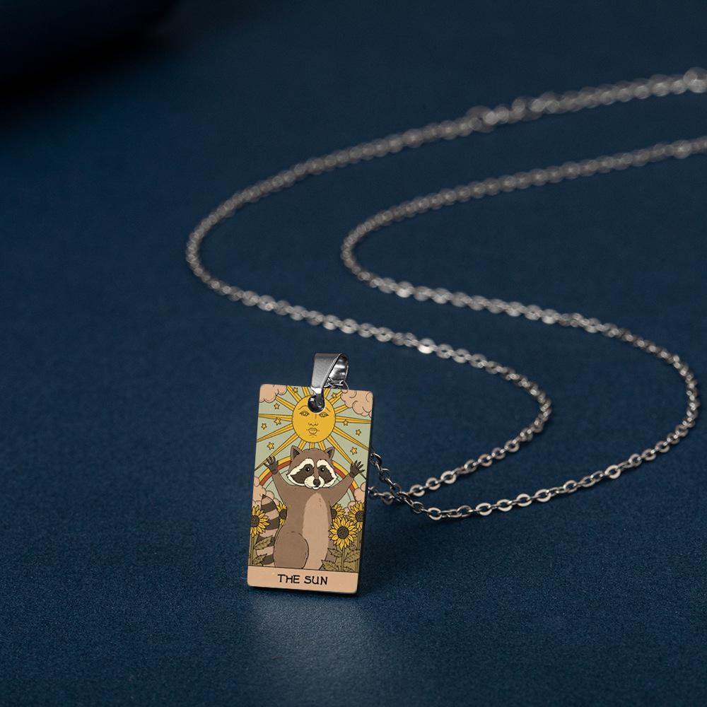 Europe and America Stainless Steel Colorful Printed Raccoon Necklace Good Friend Tarot Card Party Jewelry Accessory