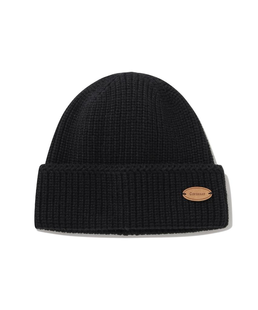COVERNAT Authentic Leather Patch Acrylic Beanie Black
