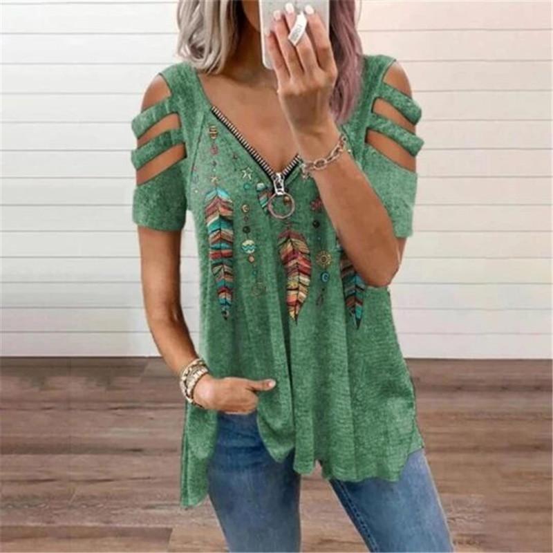 2023 European & American Women's V-Neck Zipper Floral Short-Sleeve Loose T-Shirt