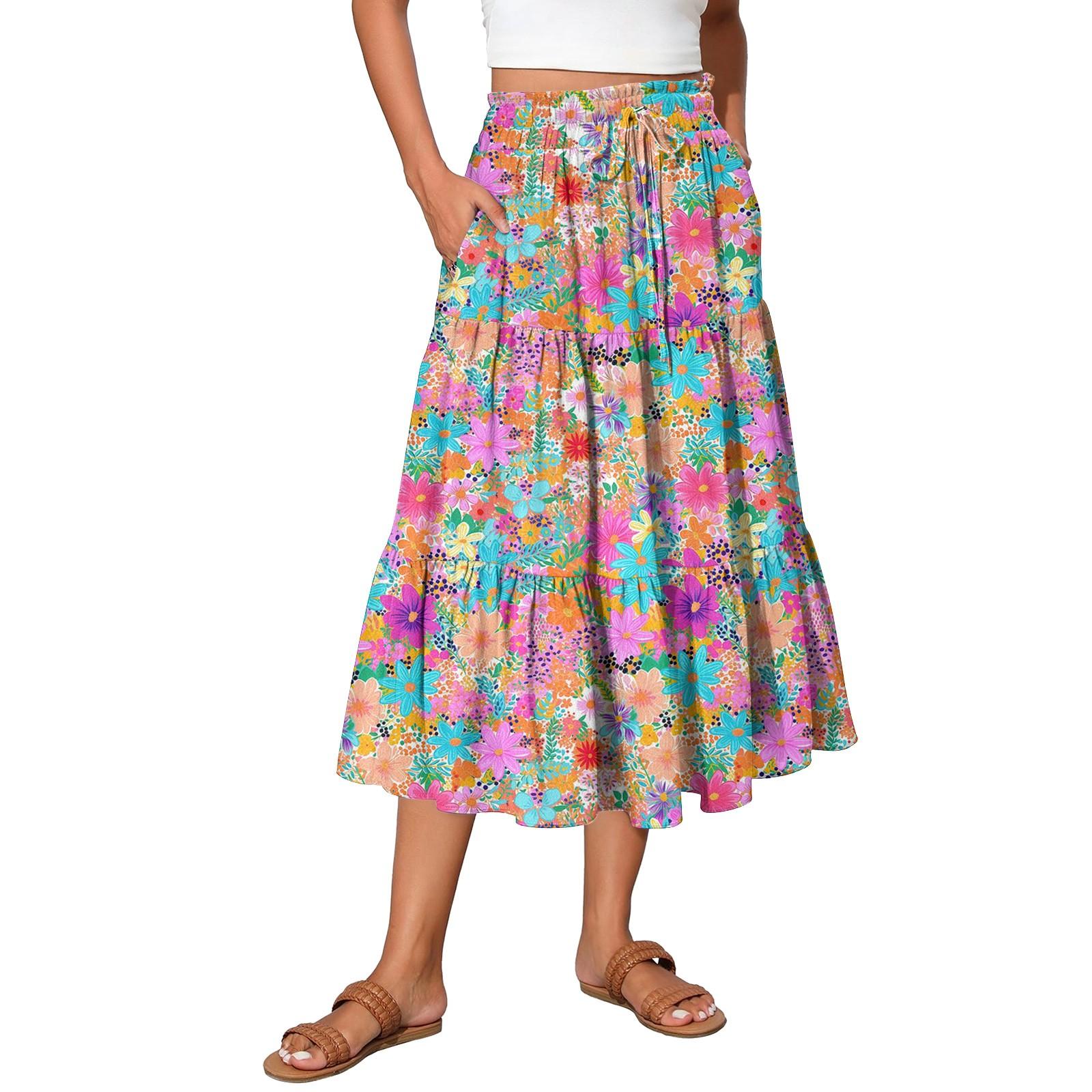 Женская юбка макси с завязками на завышенной талии, летние длинные юбки, легкие многослойные струящиеся цветочные плиссированные юбки XL