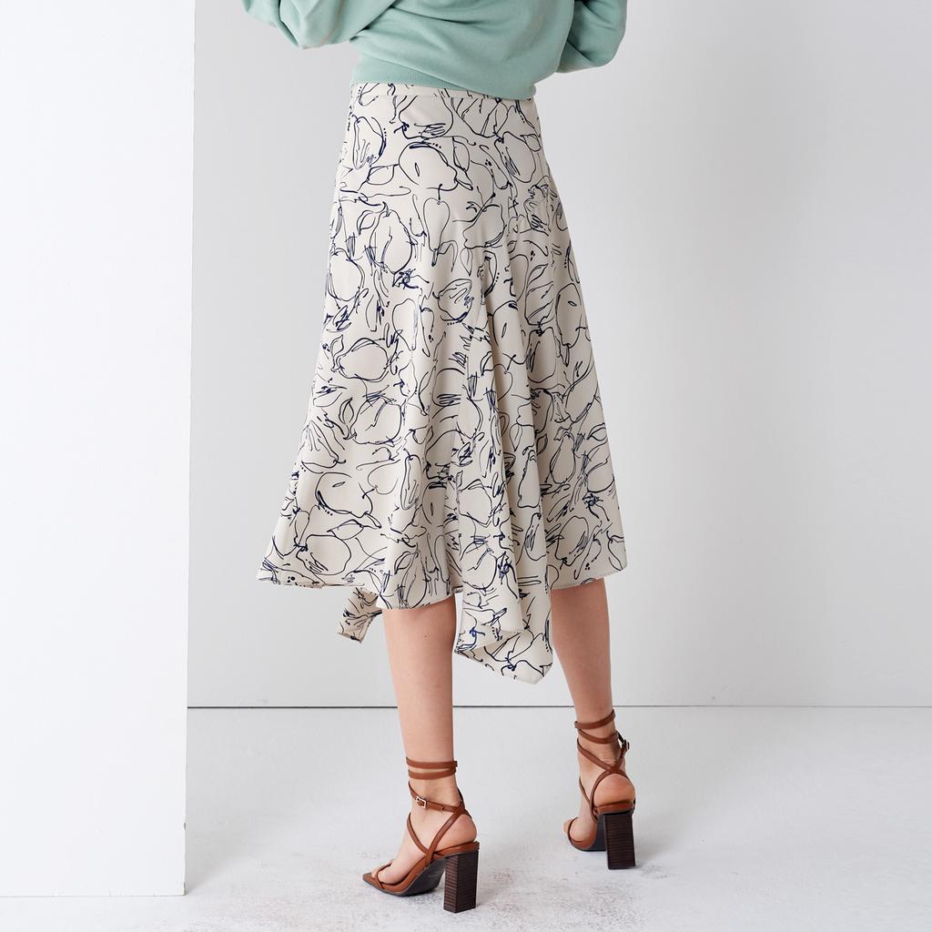 Pin Black Print Fluid Skirt Ivory