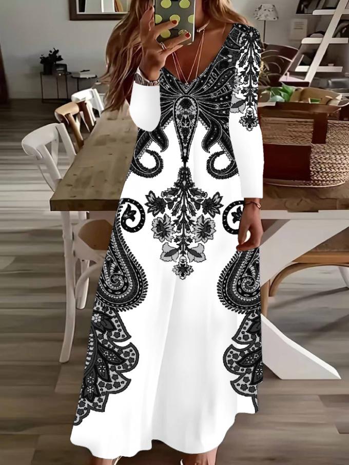 2025 Europäisches & Amerikanisches Herbst-Print Langarmkleid