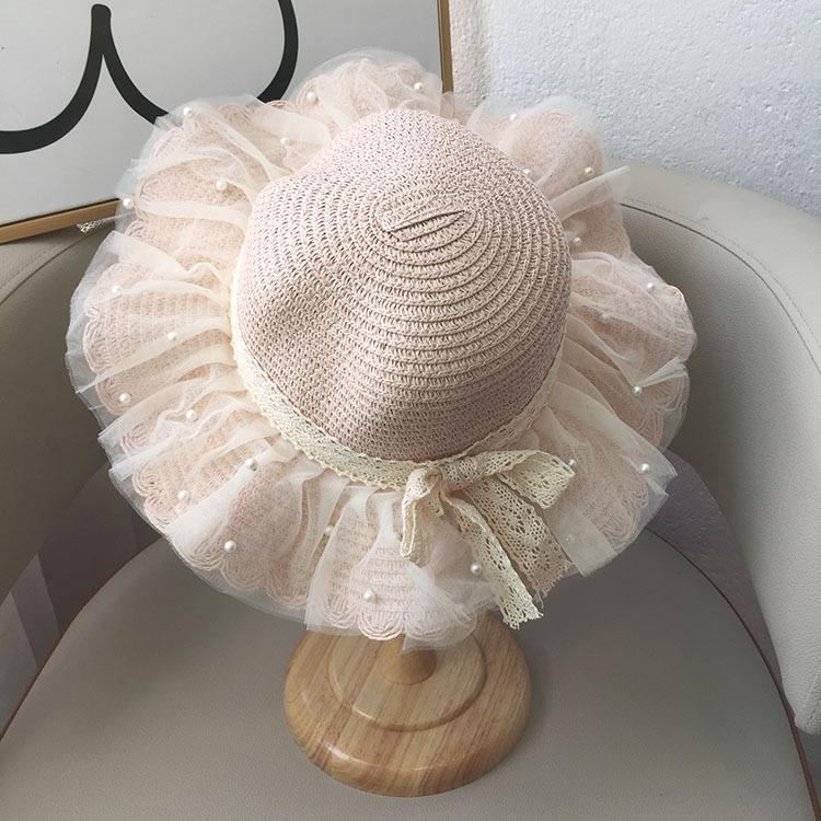 Girls Summer Straw Sun Hat With Pearl Lace Wide Brim Baby Beach Shade Cap Stylish UV Protection Outdoor Headwear