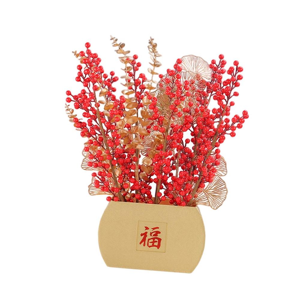 Artificial Flower Blessing Bucket Red Fruit Gold Leaves Potted Plant Tabletop Arrangement for Spring Festival Home Decor