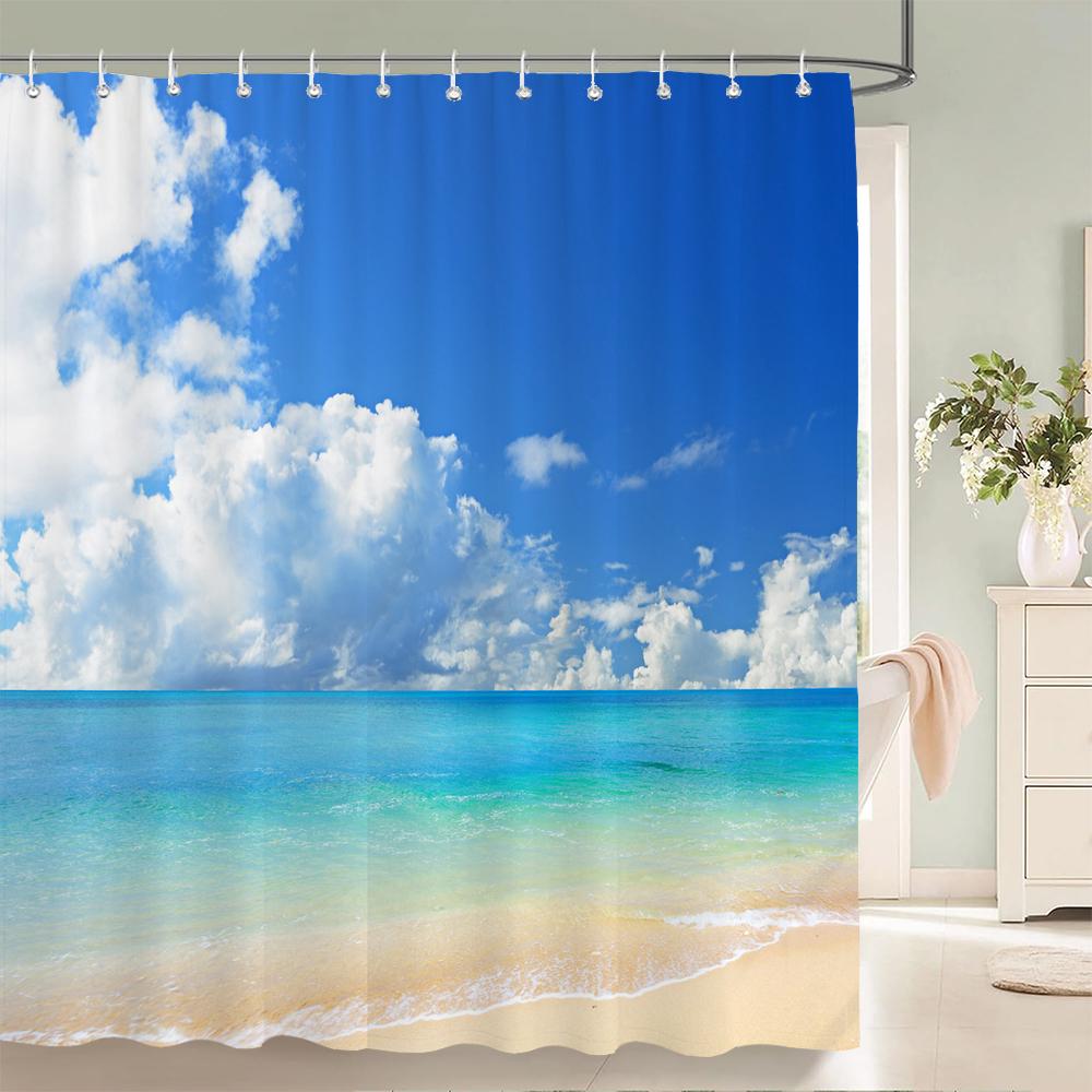 High Quality Sunny Beach Printed Fabric Shower Curtains Sea Scenery Bath Screen Waterproof Products Bathroom Decor with 12 Hooks