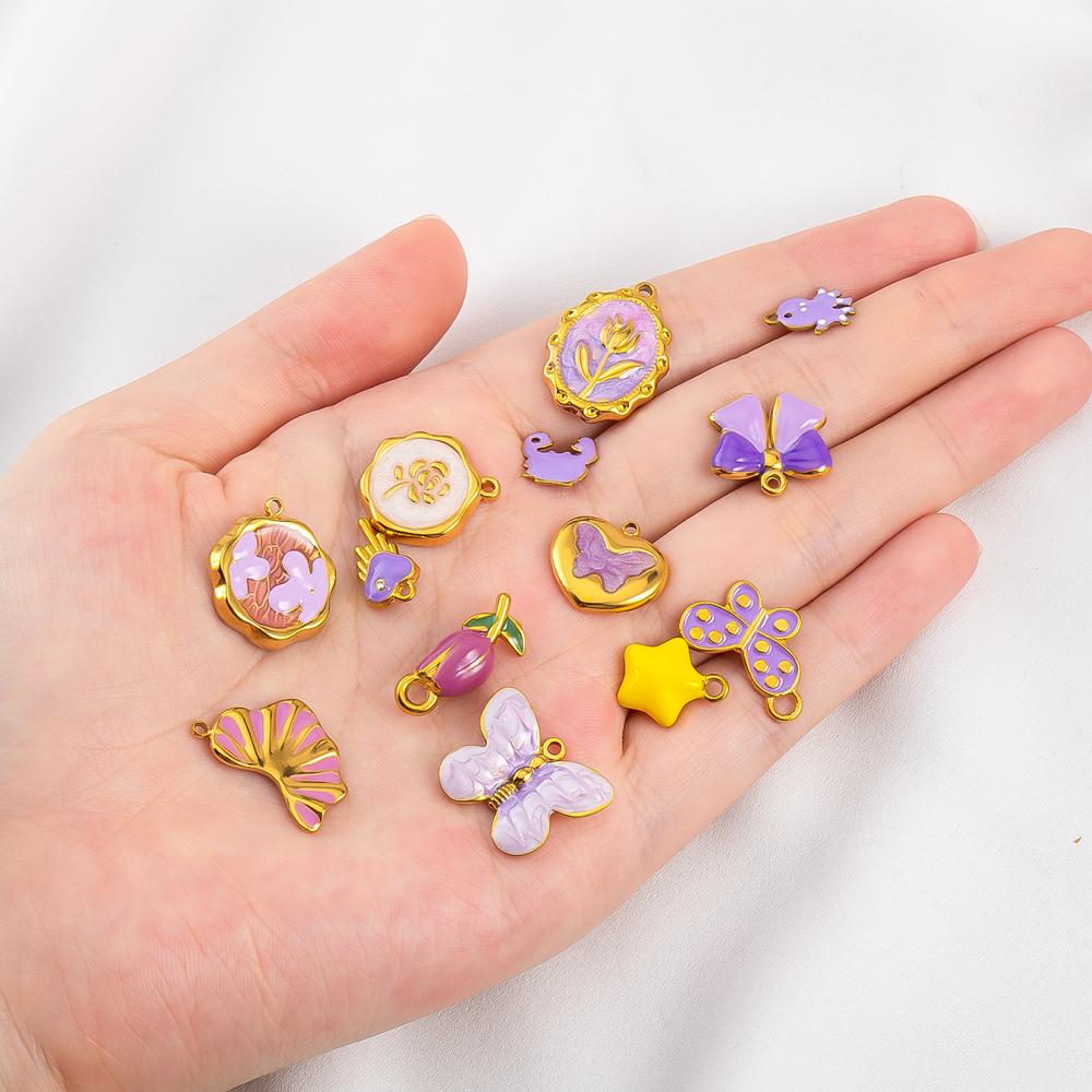 2pcs Stainless Steel 304 Multi-Design Enamel Pendant Lavender Purple Series For DIY Necklace Earrings Jewelry Findings Accessory