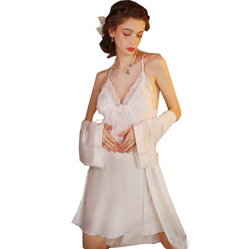 Sexy female summer thin lace suspender hollow back nightdress ice silk pajamas European and American loungewear