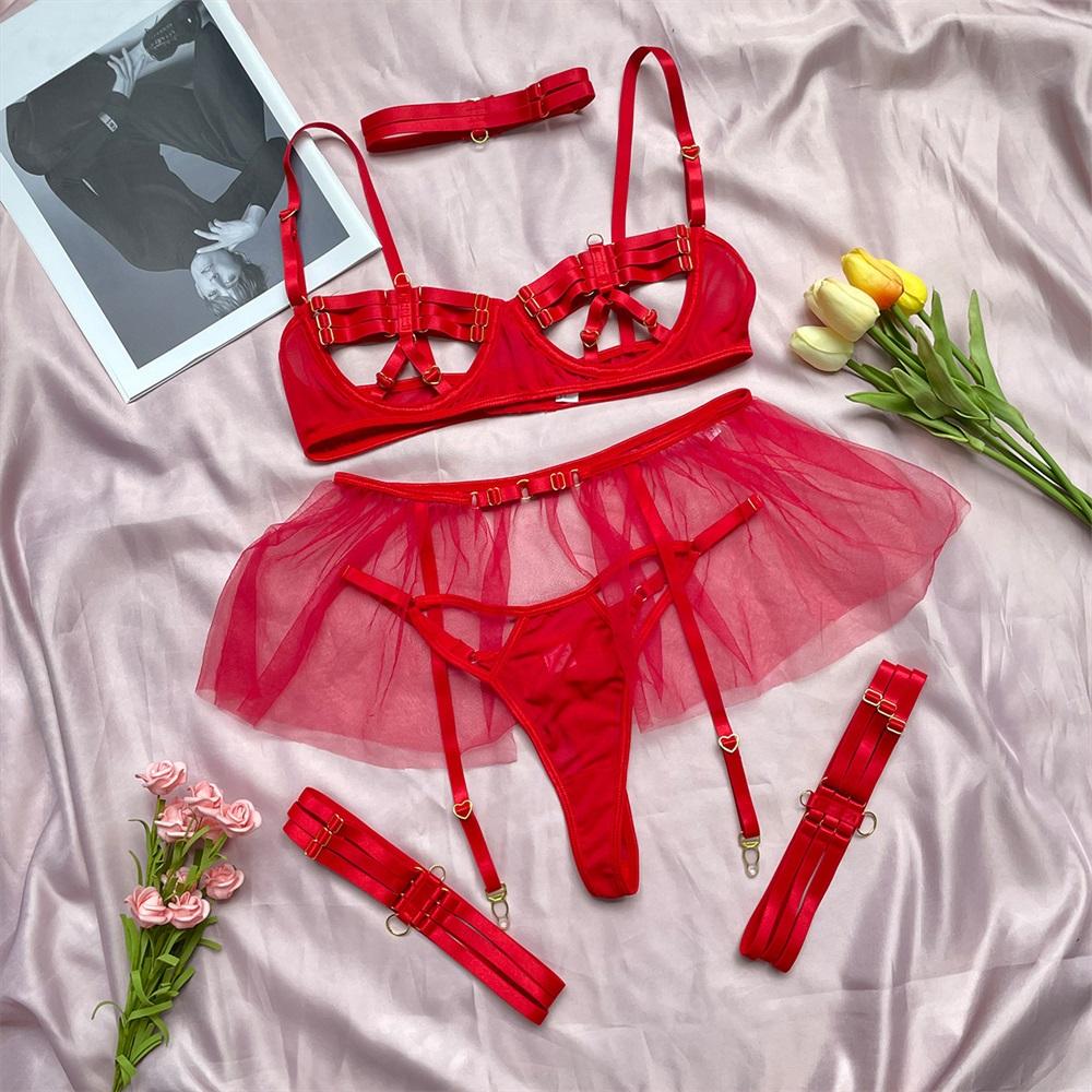 Aduloty Summer Women's Sexy Lingerie Underwire Bra Lace Stitching Garter Leg Ring Thin Section Temptation Erotic Underwear Set