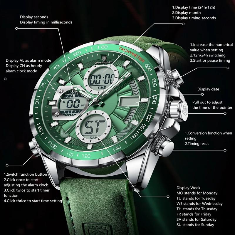 Luxury Men Watch Luminous Week Date Dual Time Display Digital Man Clock Alarm Electronic Men's Quartz Watches