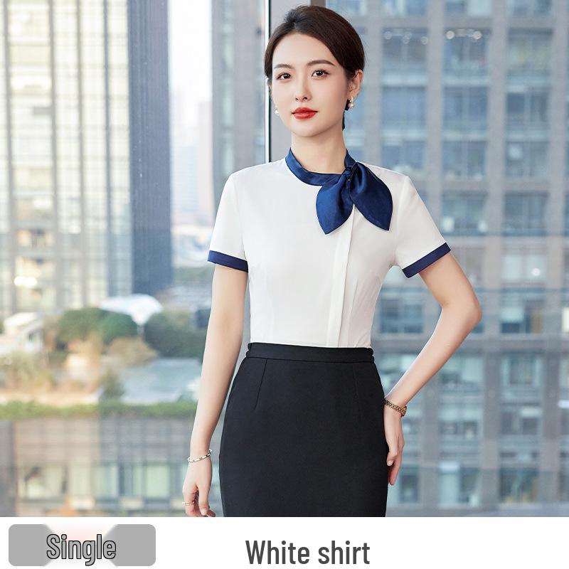 

Женская шифоновая блузка с бантом - Короткий рукав, Корейская мода, Стрейч, Профессиональная рабочая одежда, Белая рубашка 5XL