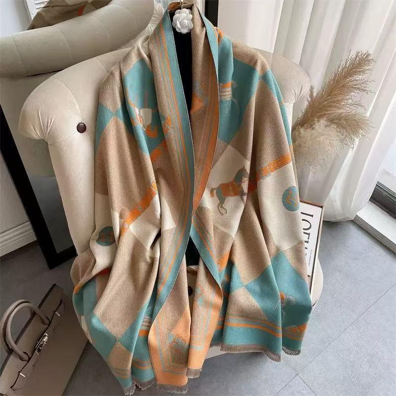 Premium Double-Sided Jacquard Houndstooth Scarf Wrap Women Winter Fall Warm Cotton Blend Shawl 185x70cm