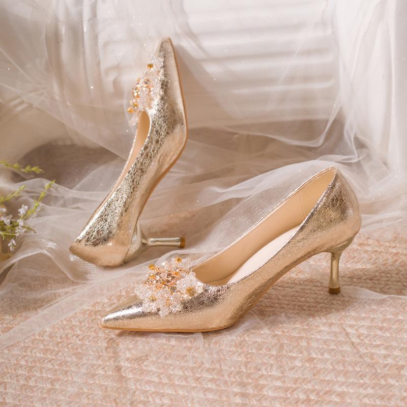 Pointed Stiletto Applique Solid Color High Heels Festive Wedding Dress Wedding Shoes Bride Show Shoes Korean Version of Fashion