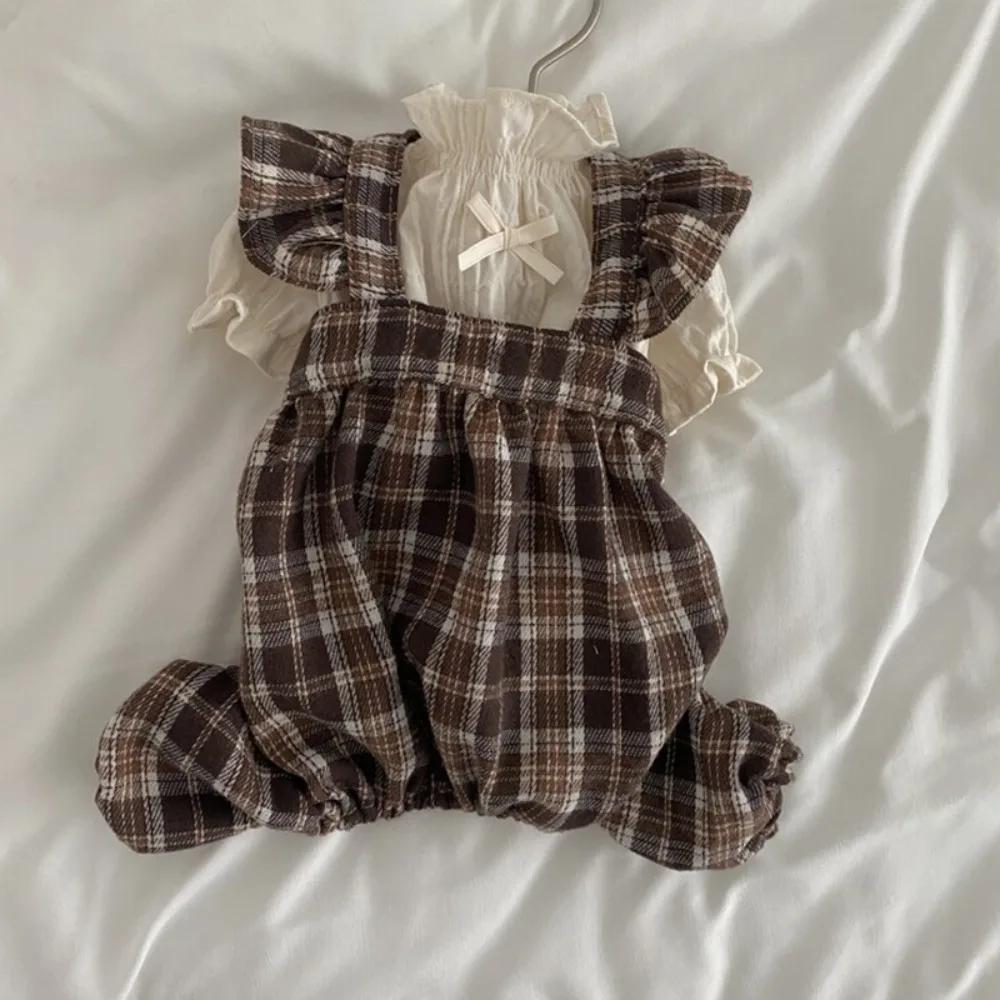 

Retro Pet Plaid Strap Skirt Breathable Thin Design Cat Plaid Pleated Shirt Flying Sleeve Soft Dog Vest Dresses Four Season L