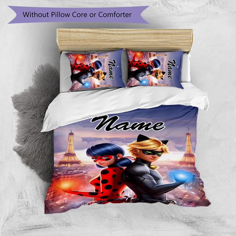 3pcs Ladybug4 Cover Set - Personalized Name, HD Printed Bedding with 1 Cover and 2 Pillowcases - Perfect for Home Decor, Easy Care