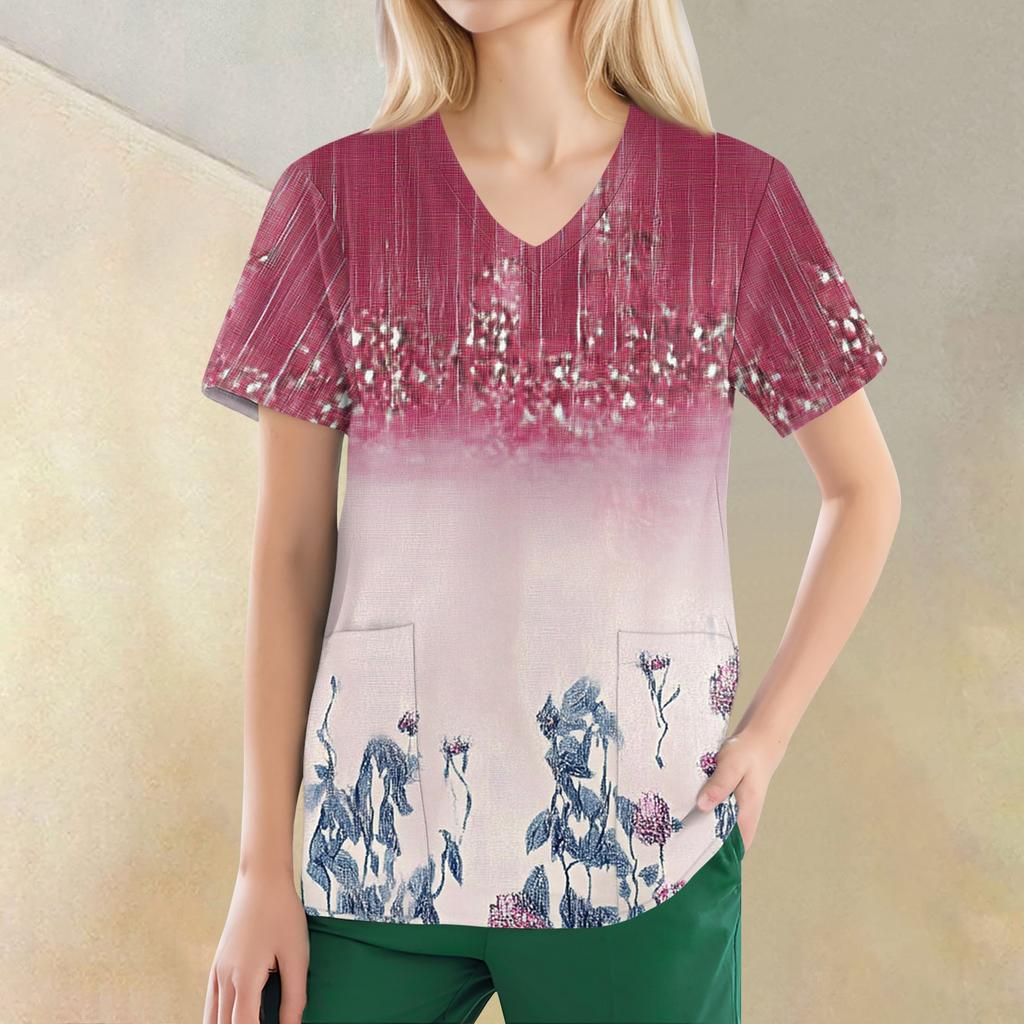 Tops estampados casuais da moda com decote em V feminino e roupas de trabalho protetoras