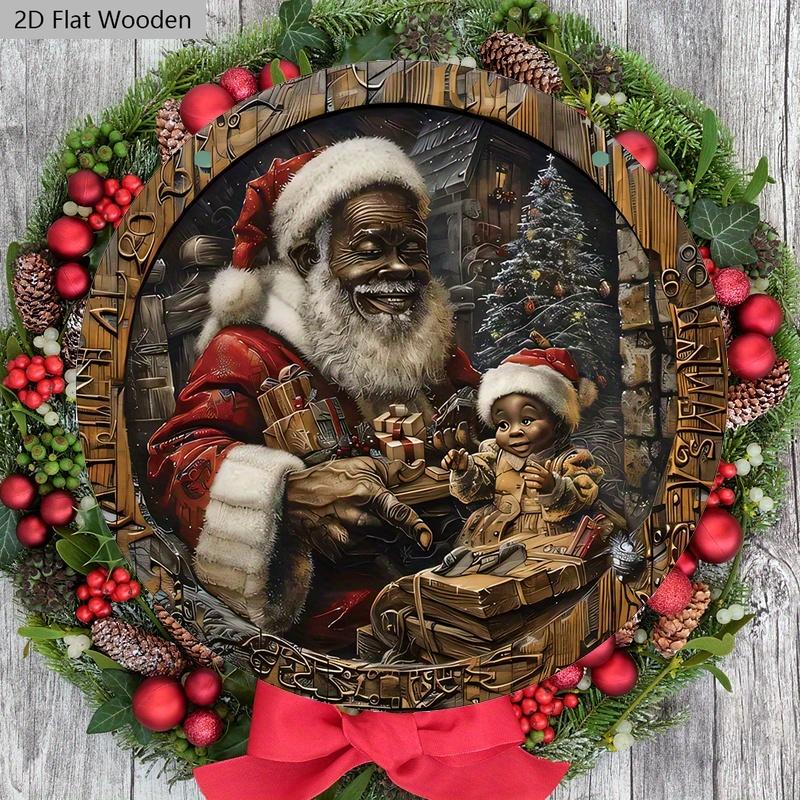Schwarzer Weihnachtsmann Holzweihnachtsschild - Navidad Rundes Schild für Hof, Tür, Wandbehangdeko - Ideale Weihnachtsdekoration