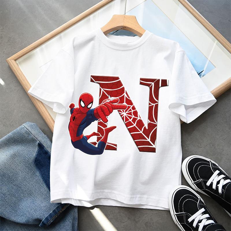 2026 New Childrens Spider Unisex Cartoon Letter Printed Tshirt Cotton Tshirt Boys Short Sleeved Top Childrens Clothing