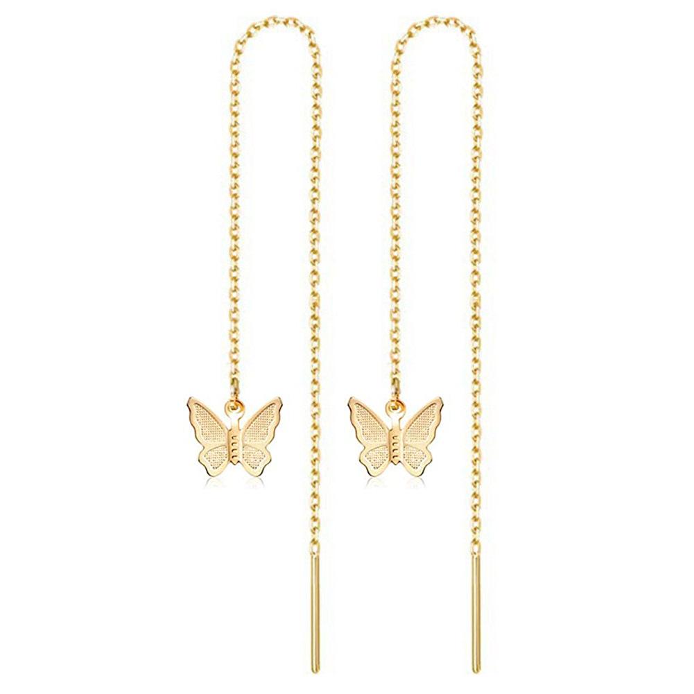 Koreanische Damen-Gewinde-Hängeohrringe Goldfarbe Edelstahl Schmetterlings-Anhänger Lange Kette Fädler-Ohrringe Für Damen Schmuck