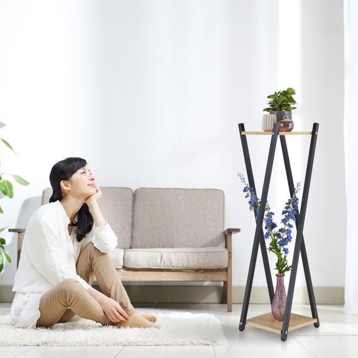 Relaxdays Étagère À Plantes, 2 Surfaces Effet Bois, Tabouret Moderne Fleur, HLP : 99x29x29 Cm, Colonne, Noir-brun Foncé