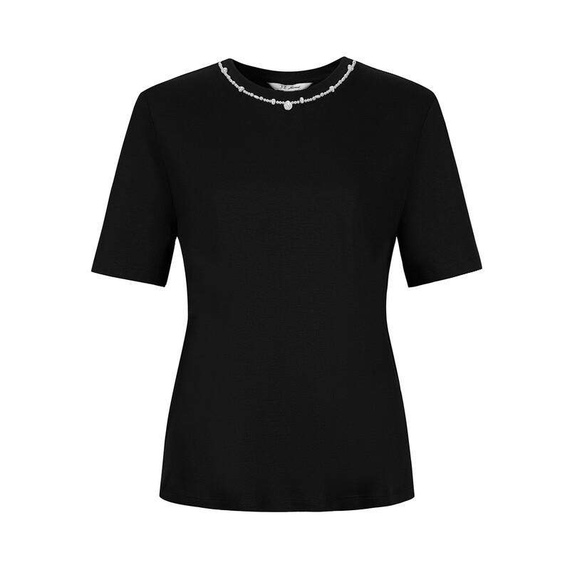 JUZUI Women's Pearl Round Neck Short Sleeve T-shirt
