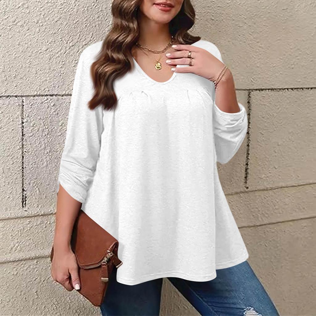 Dámská móda plus size Jednobarevný ležérní plisovaný top s kulatým výstřihem a dlouhým rukávem