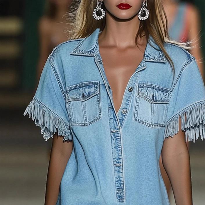 Vestito di Jeans con Orlo Frangiato e Tasche sul Petto