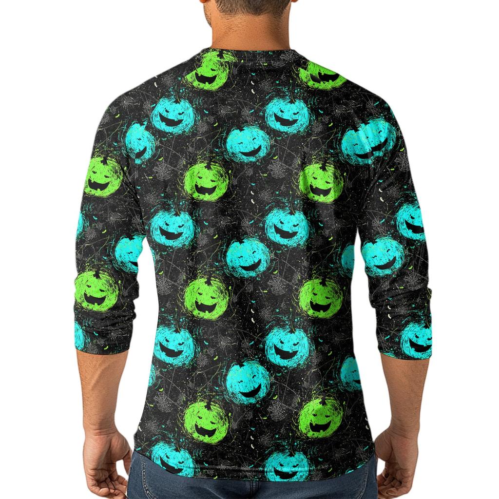 Men Casual Halloween Print Henley Shirt Raglan Sleeve Three Quarter Length Button Front Top for Fall Seasonal Wear