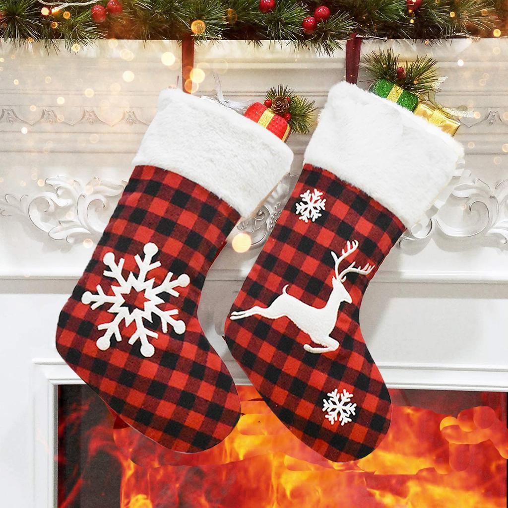 Christmas Stocking Fireplace Decor Christmas Gift Fun Tree Snowflake Red White Plaid Sock Boots Fireplace Home Decoration