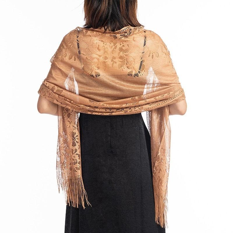 Elegant Wedding Tassel Shawl Female New Pure Color Hollow Lace Party Bride Bridesmaid Mesh Yarn Temp