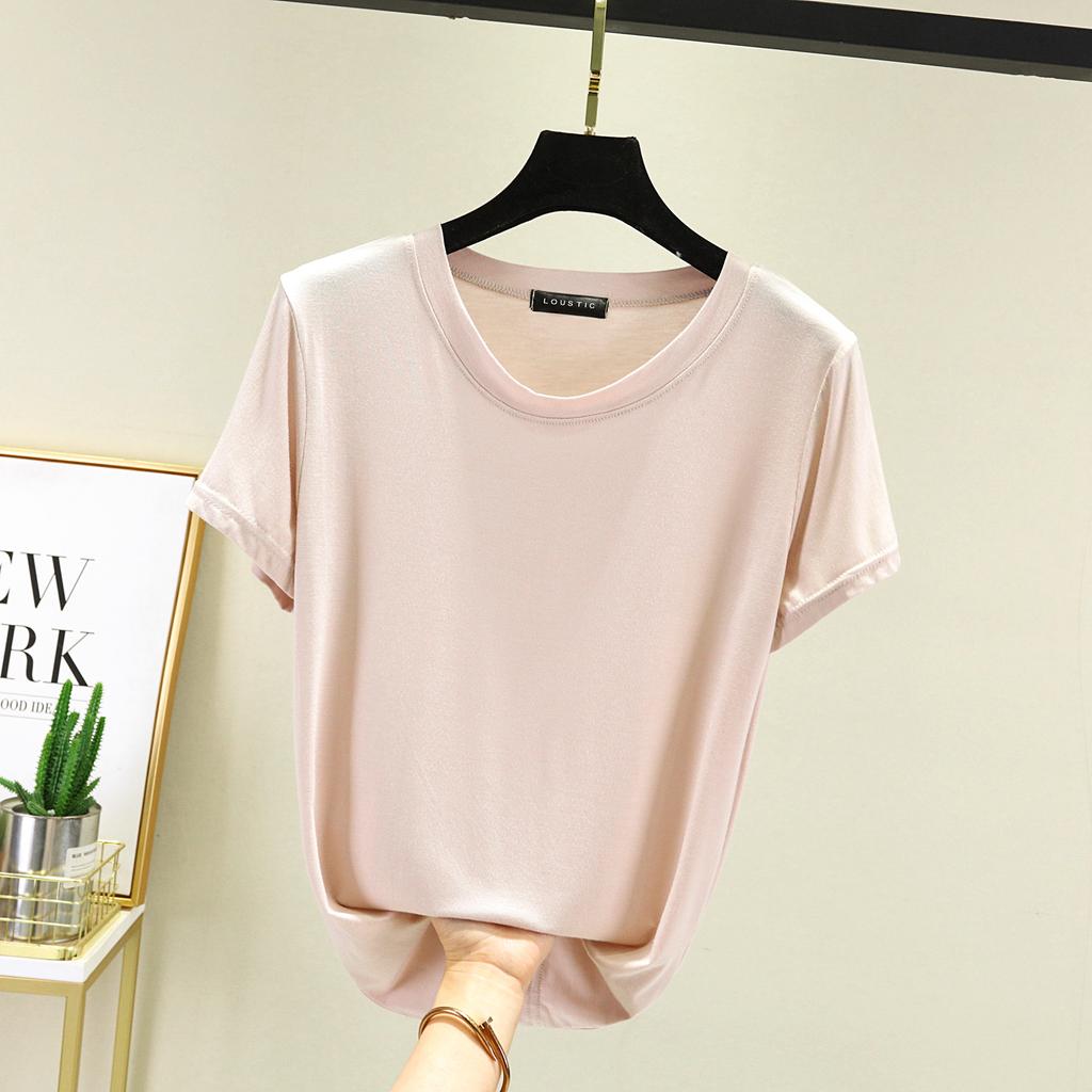 Women's Crew Neck Short Sleeve T-Shirt Regular Fit High Stretch Modal Fabric Solid Color Summer Casual Layering Basic Top