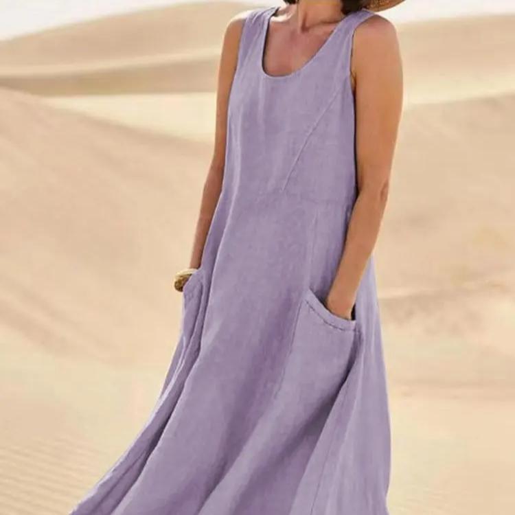 Summer Pocket Sleeveless Round Neck Women's Cotton and Linen Dress Lady Loose Solid Color Pullover Big Swing Dress
