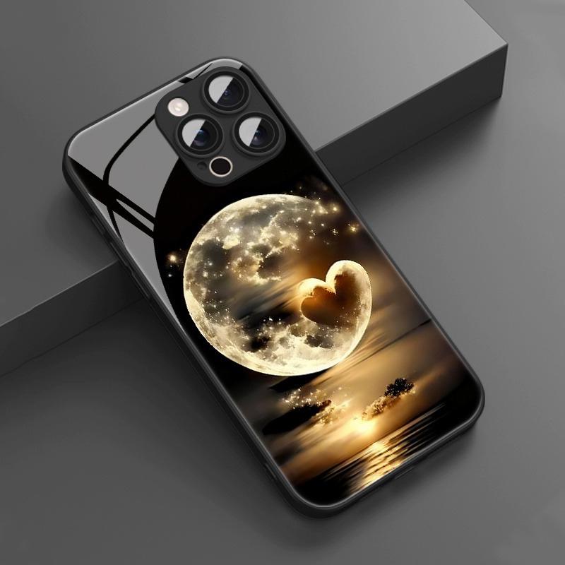 Artistic Love Moon Pattern Tempered Glass Phone Case For iPhone 17 16 15 14 13 12 11 Pro Max 17 Air 7 8 Plus XS X XR Cover