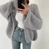 Korean Chic Autumn V-Neck Casual Loose Knit Cardigan with Lantern Sleeves