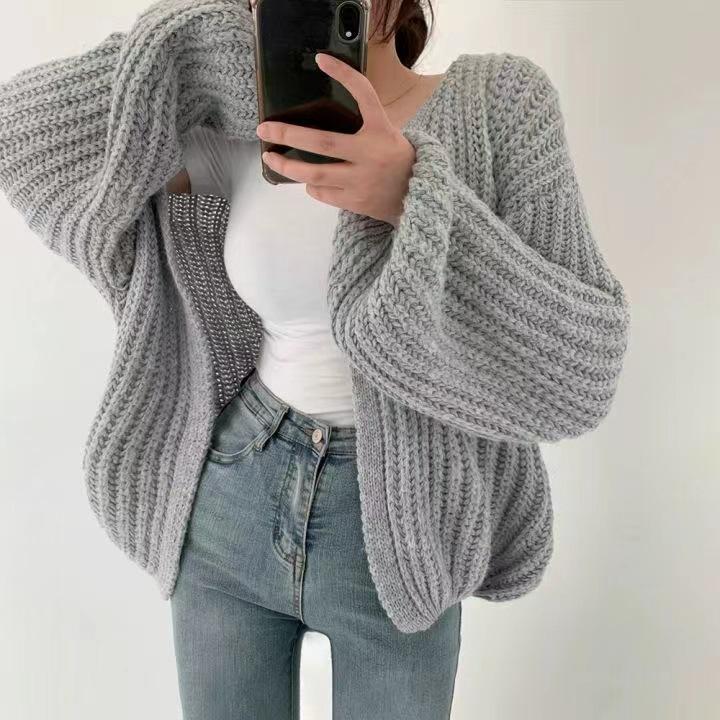 Korean Chic Autumn V-Neck Casual Loose Knit Cardigan with Lantern Sleeves